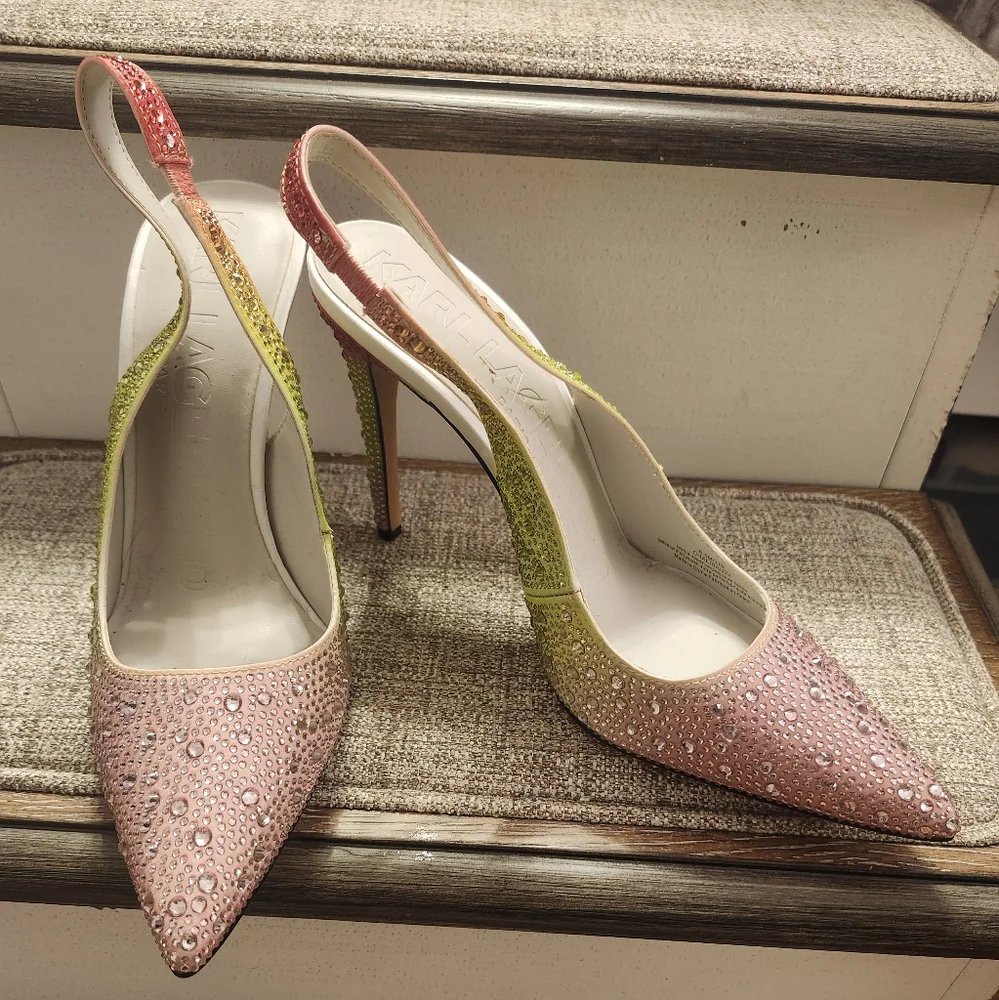 Karl Lagerfeld Elegant Pink and Green Embellished Women's Heels 6.5 - Picture 3 of 4